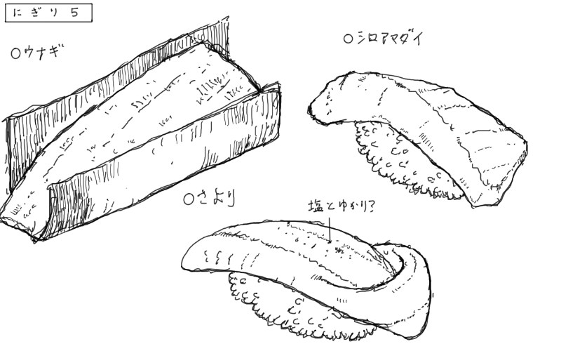 鰻の手巻き、さよりのにぎり、白甘鯛のにぎりのスケッチ