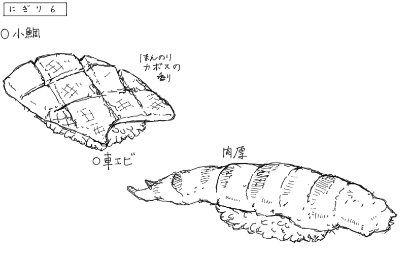 小鯛のにぎり、車海老のにぎりのスケッチ