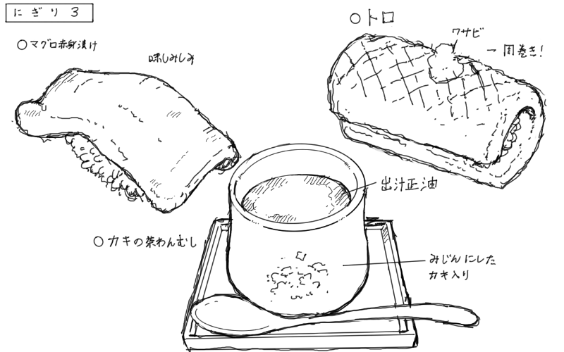 牡蠣の茶碗蒸し、まぐろ赤身漬けのにぎり、大トロにぎりのスケッチ