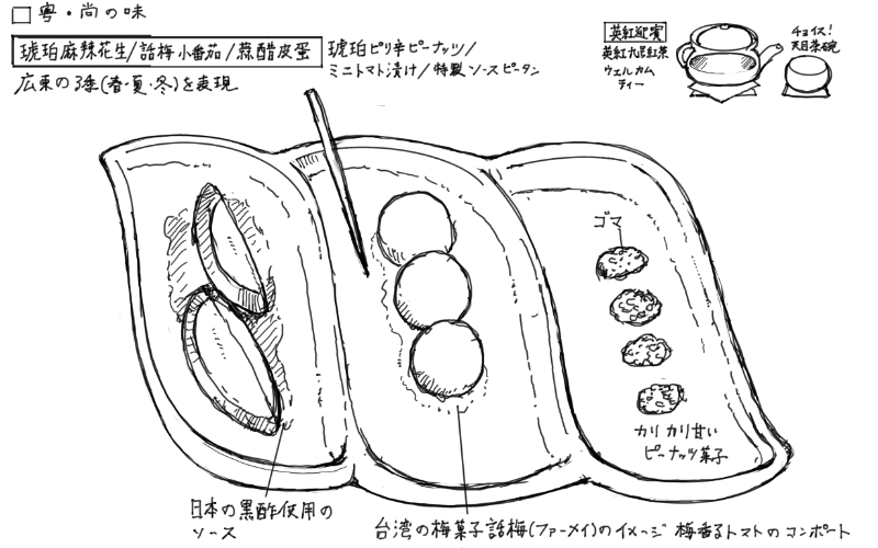 琥珀ピリ辛ピーナッツ、ミニトマト漬け、特製ソースピータンのスケッチ