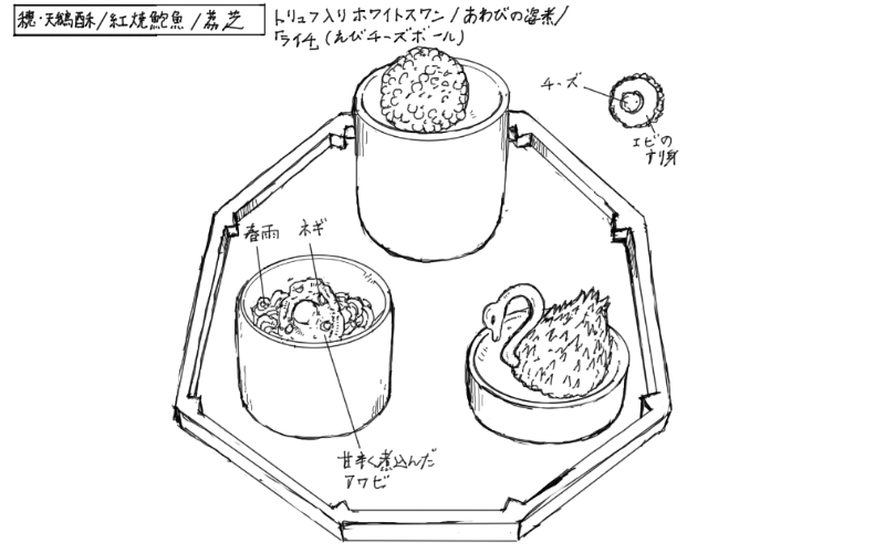 海老チーズボール、あわびの姿煮、トリュフ入りホワイトスワンのスケッチ