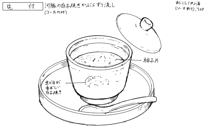 フグの白子焼き蕪擦り流しのスケッチ