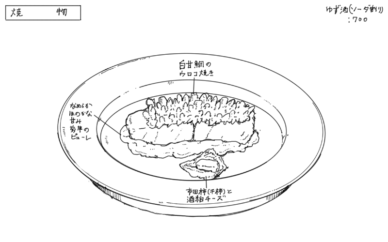 白甘鯛の鱗焼き菊芋のピューレのスケッチ