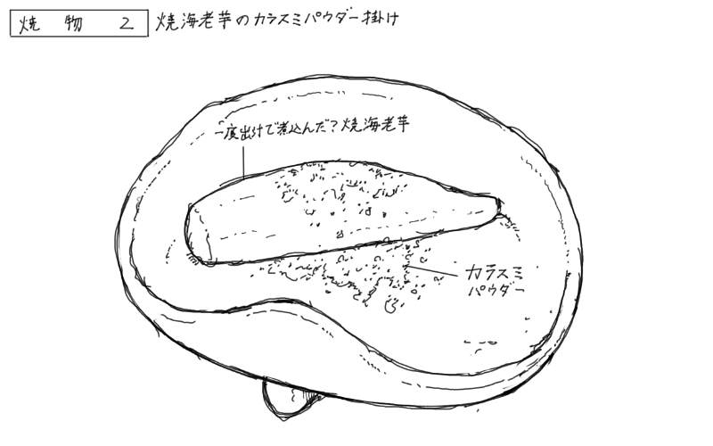 焼き海老芋のカラスミパウダーかけのスケッチ