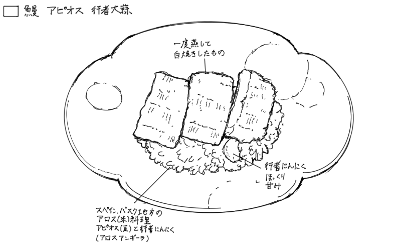 鰻白焼とアピオス・行者ニンニクをつかったアロス料理