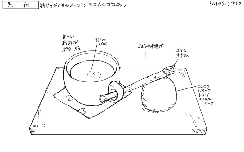 新ジャガのポタージュ、エスカルゴコロッケ、牛蒡の唐揚げのスケッチ