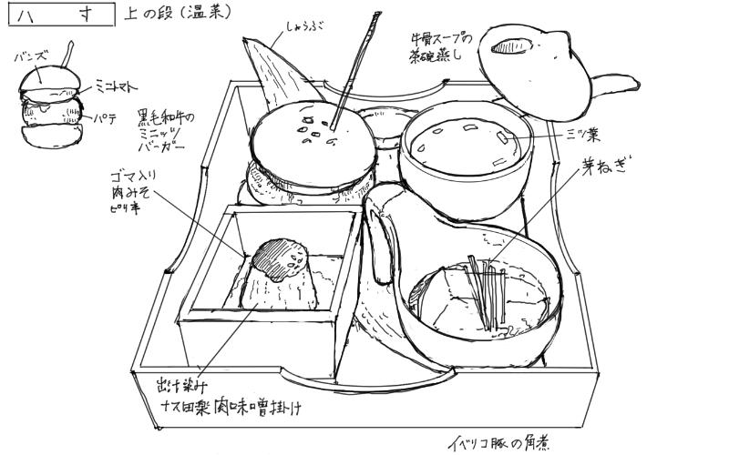 黒毛和牛のミニッツバーガー、牛骨スープの茶碗蒸し、イベリコ豚の角煮、ナス田楽肉味噌かけのスケッチ