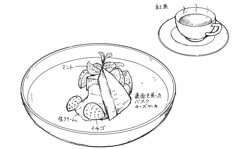 バスクチーズケーキと紅茶のスケッチ