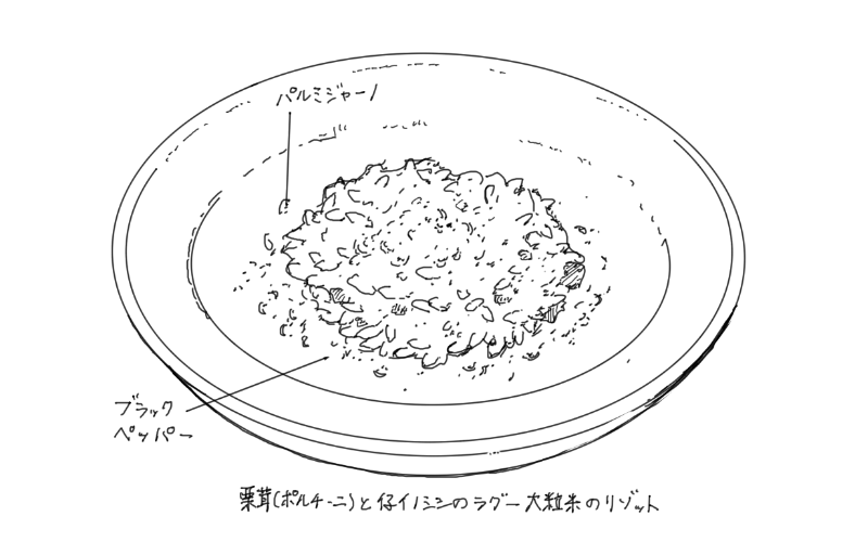 栗茸と仔猪のラグー大粒米のリゾットのスケッチ