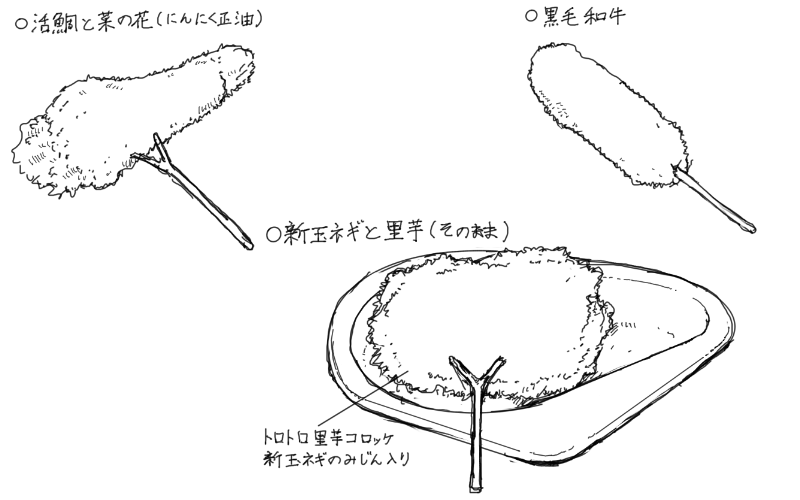 活鯛と菜の花の串カツ、黒毛和牛串カツ、新玉ねぎと里芋のコロッケ串のスケッチ