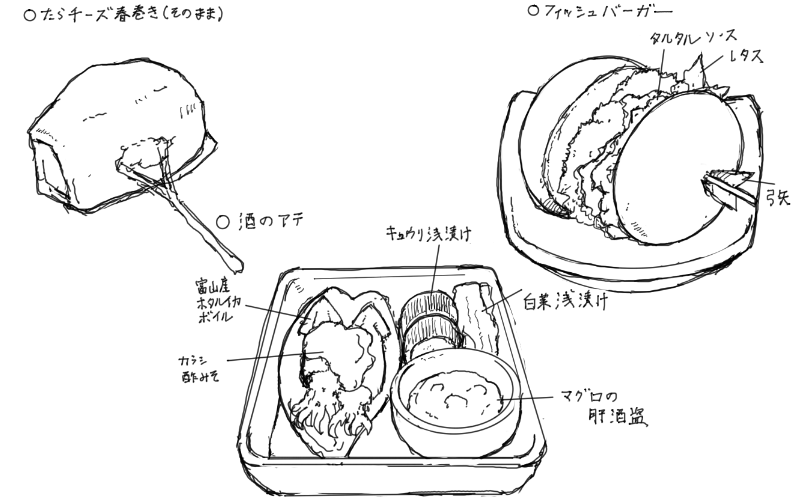 たらチーズ春巻き、ホタルイカボイル・漬物・マグロの肝の酒盗、フィッシュバーガーのスケッチ