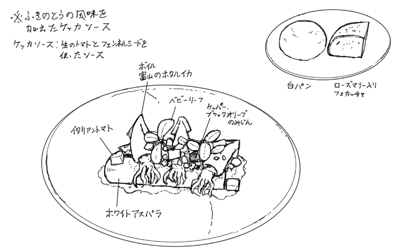 ホワイトアスパラとホタルイカのケッカソース和えのスケッチ