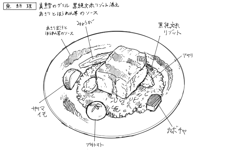 真鱈のグリルと黒縄文米リゾット添えのスケッチ