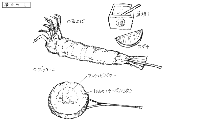 車海老串カツとズッキーニ串カツのスケッチ