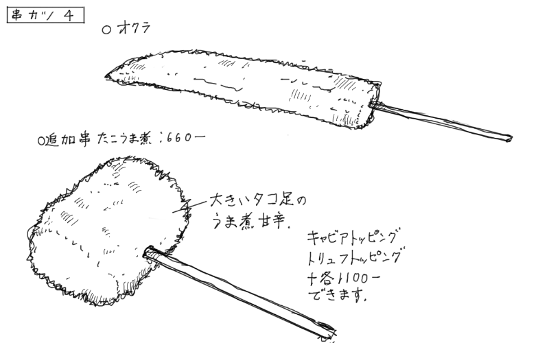 オクラの串カツ、タコの旨煮串カツのスケッチ