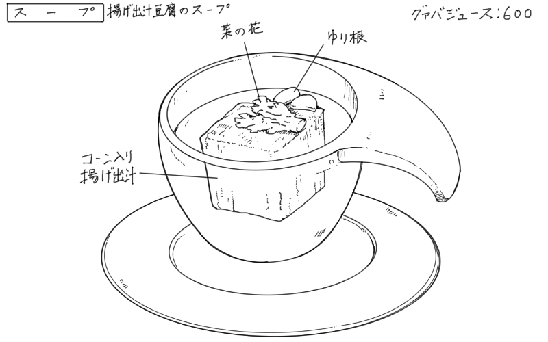 揚げ出し豆腐のスープのスケッチ