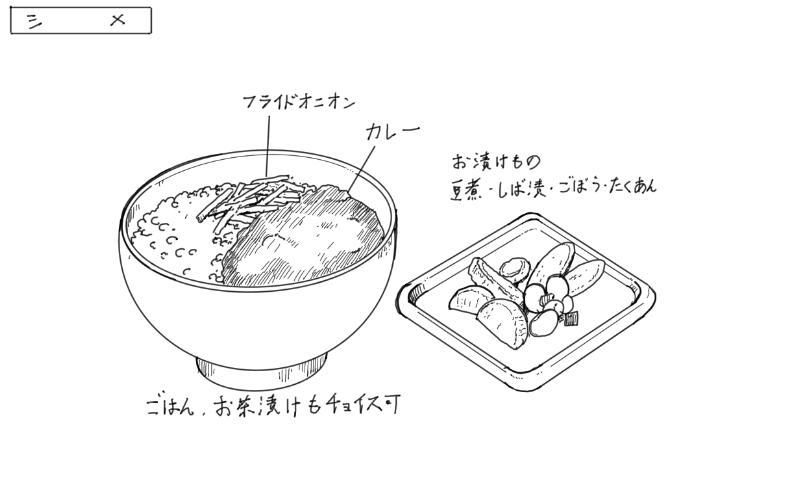 カレーとお漬物のスケッチ