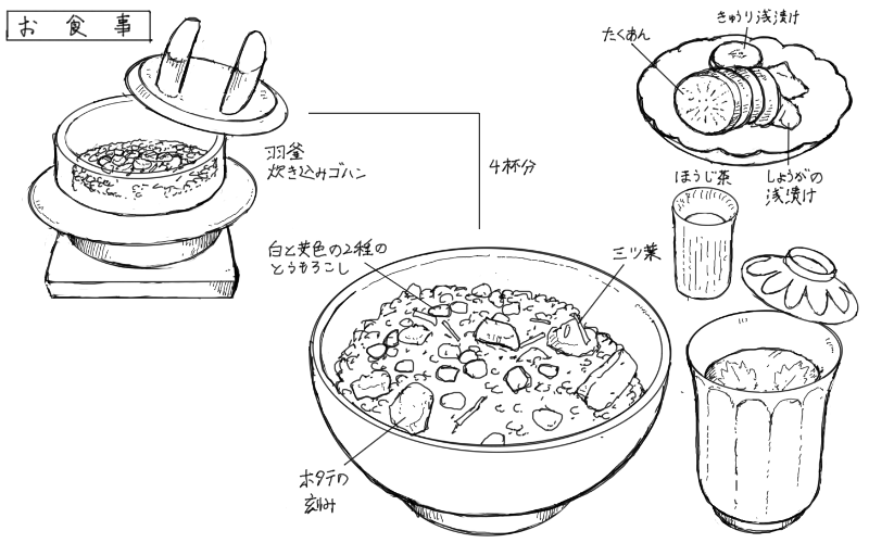 ２種のとうもろこしとホタテと三つ葉の炊き込みご飯、お漬物、里芋と三つ葉の赤だしのスケッチ