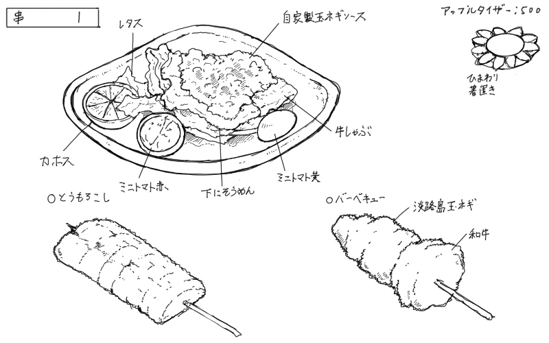 牛しゃぶ、とうもろこし串カツ、バーベキュー串カツのスケッチ