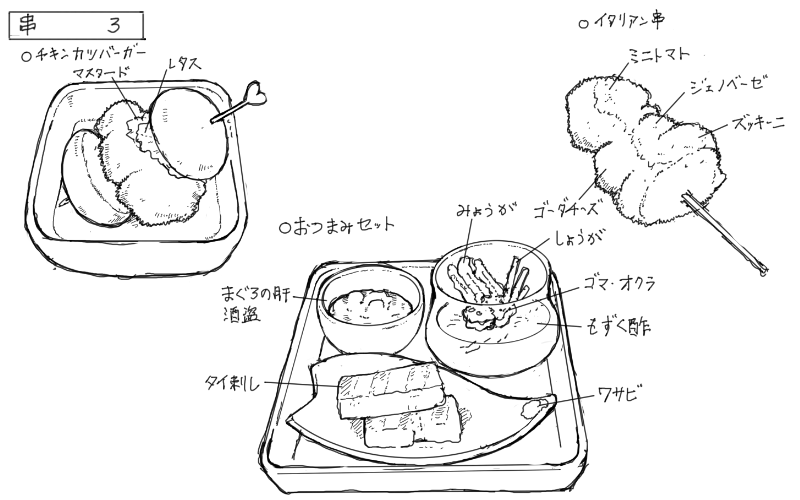 チキンカツバーガー、おつまみセット、イタリアン串のスケッチ