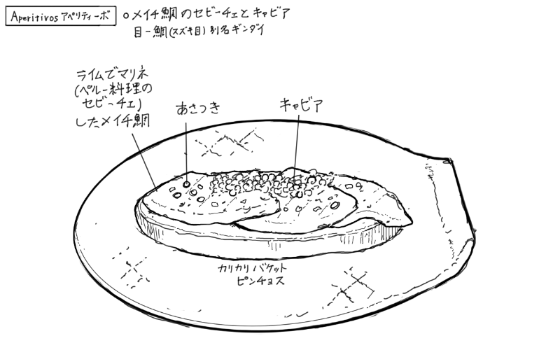 メイチ鯛のセビーチェとキャビアのピンチョスのスケッチ