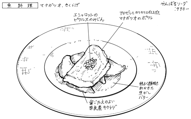 マナガツオのポワレ、キクラゲ、焦がしバターのスケッチ