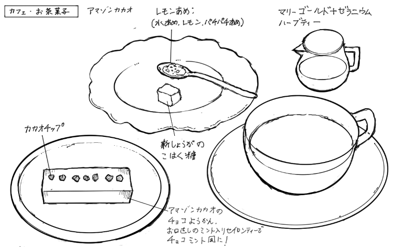 レモンあめ、新生姜の琥珀糖、チョコ羊羹、ハーブティーのスケッチ