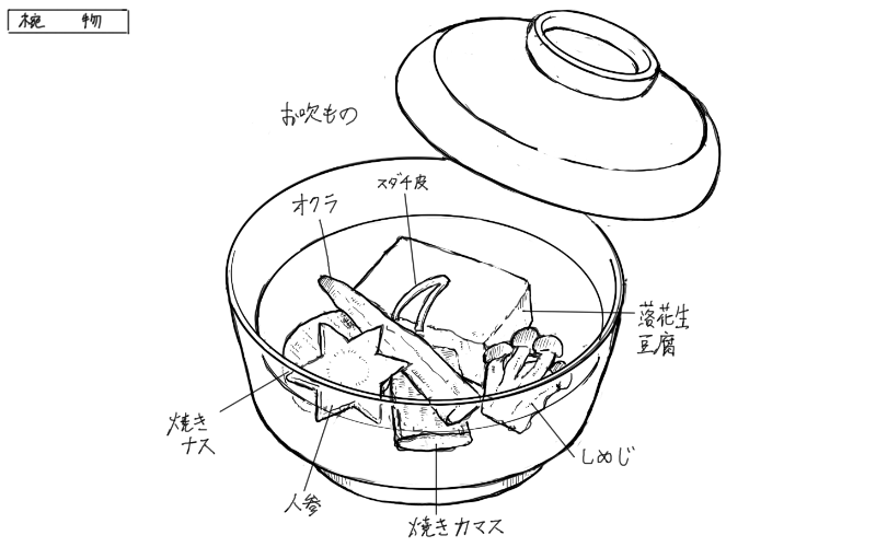 オクラ、落花生どうふ、焼きなす、人参、焼きカマス、しめじのお吸い物のスケッチ