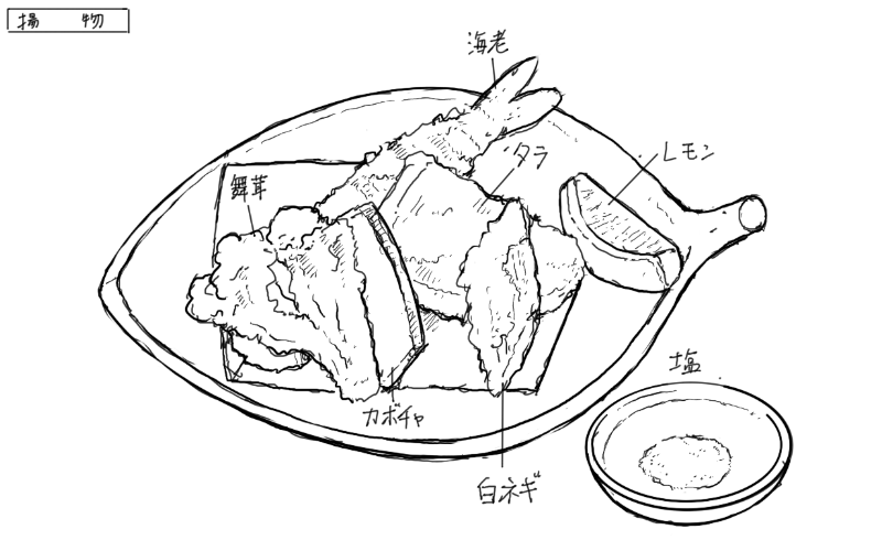 舞茸、エビ、鱈、カボチャ、白ネギの天ぷらのスケッチ