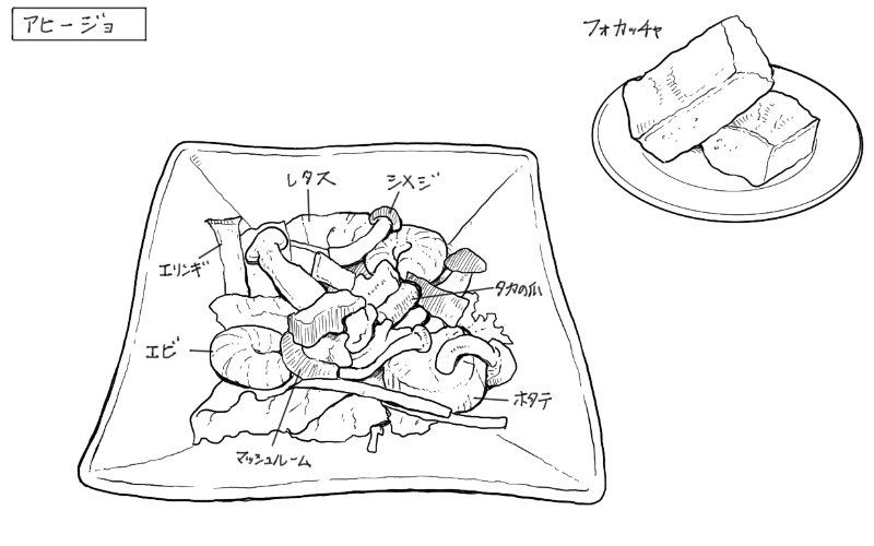 エビとキノコのアヒージョ、フォカッチャのスケッチ