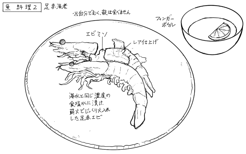 火入れした足赤海老のスケッチ