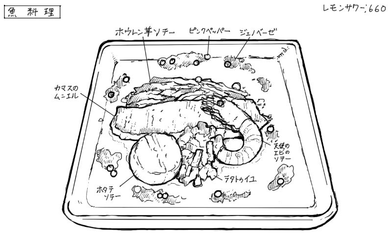 カマスのムニエル、天使のエビ、ホタテソテーのスケッチ
