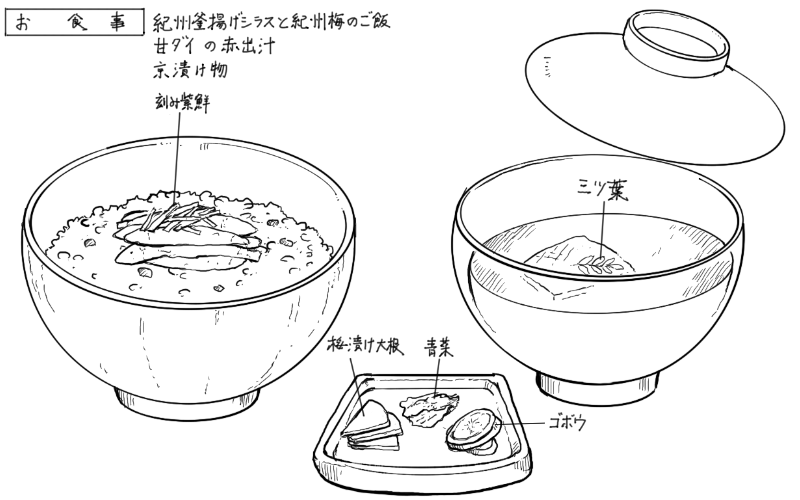 釜揚げシラスと梅のご飯、甘鯛の赤出汁、京漬物