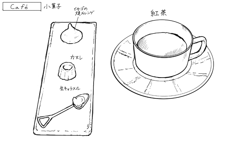 紅茶といちごの焼きメレンゲ、カヌレ、生キャラメルのスケッチ