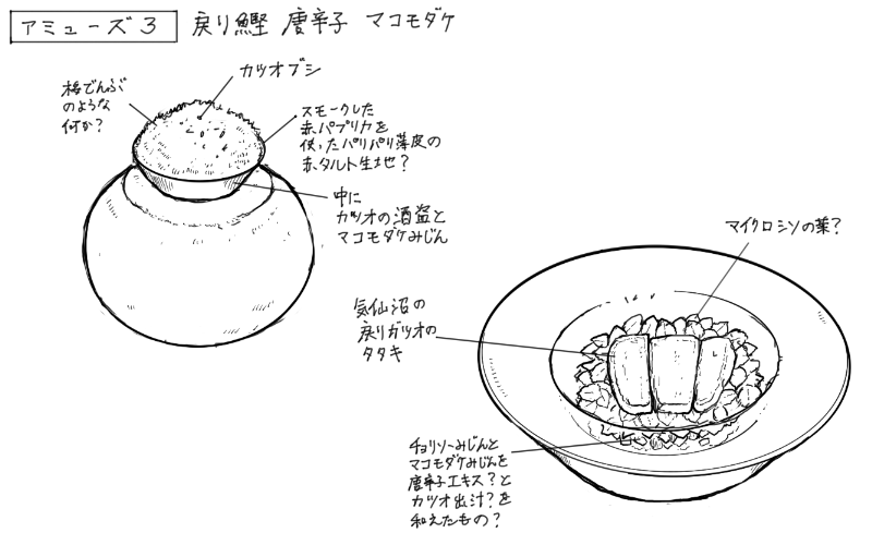 カツオの酒盗のタルト、戻りガツオのたたきのスケッチ