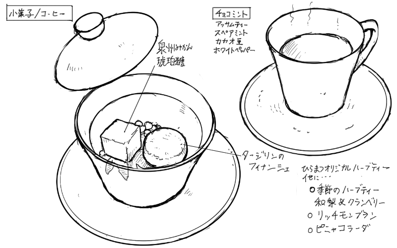 泉州みかんの琥珀糖、タージリンフィナンシェ、チョコミントハーブティーのスケッチ