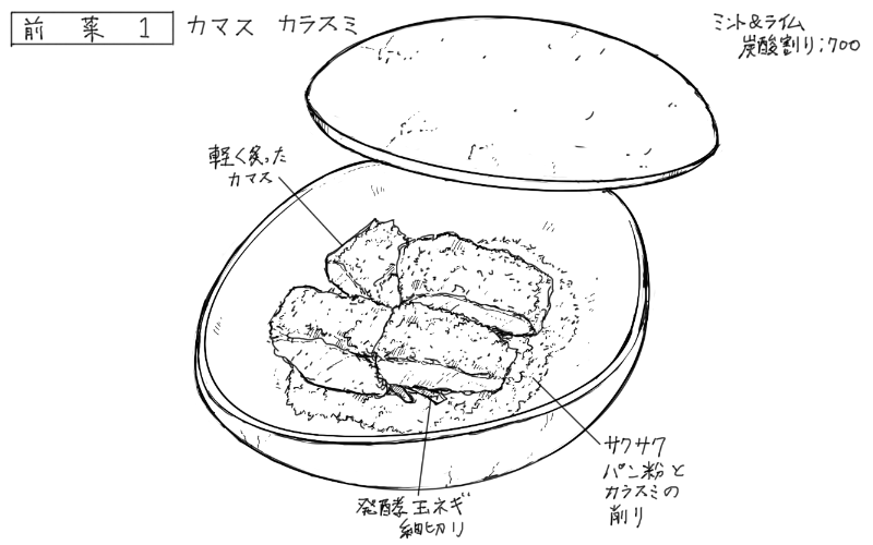 カマスの炙り、パン粉とカラスミかけのスケッチ