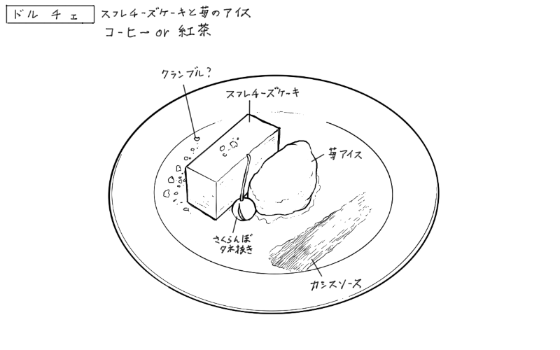 スフレチーズケーキとイチゴのアイスのスケッチ
