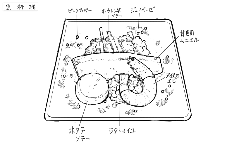 甘鯛のムニエル、天使のエビソテー、ホタテソテー、ほうれん草ソテーのスケッチ