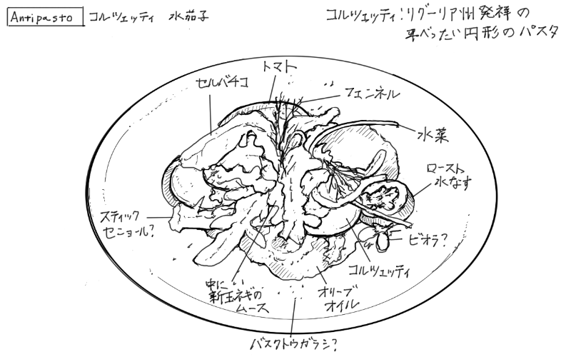 コルツェッティ、水茄子のサラダ仕立てのスケッチ