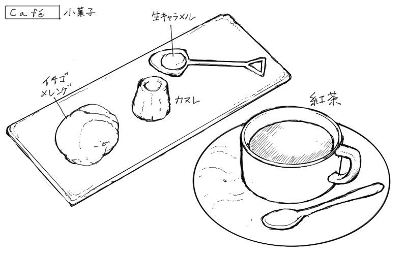生キャラメル、カヌレ、いちごメレンゲ、紅茶のスケッチ
