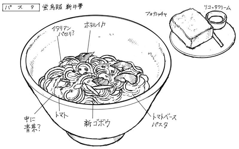 ホタルイカ、新牛蒡のトマトパスタのスケッチ