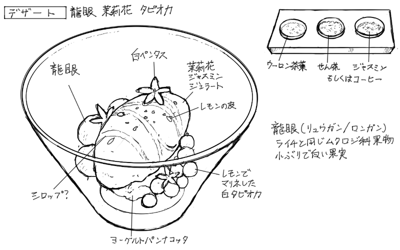 ジャスミンジェラート、龍眼、白タピオカ、パンナコッタのスケッチ