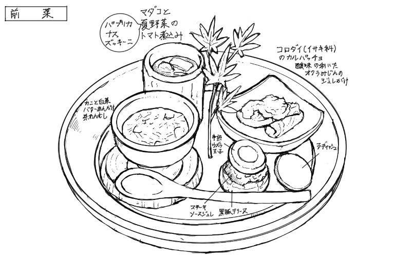 マダコと夏野菜のトマト煮込み、コロダイのカルパッチョ、カニと白菜のバターあんかけ茶碗蒸し、黒豚テリーヌのスケッチ