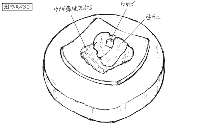 鰻と生ウニの天ぷらのスケッチ
