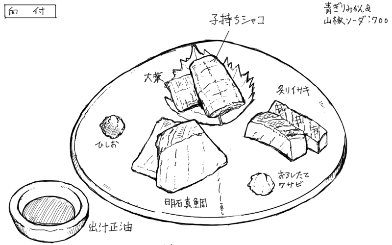 明石鯛、シャコ、イサキのお刺身のスケッチ