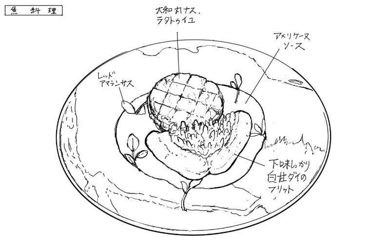 白甘鯛のフリット、大和丸茄子ラタトゥイユのスケッチ