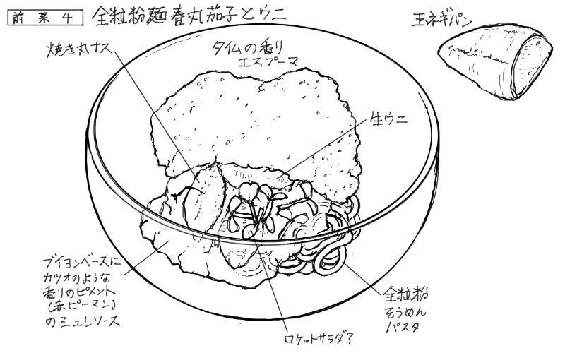 全粒粉そうめんパスタ、コンソメジュレ、丸茄子、生ウニのスケッチ