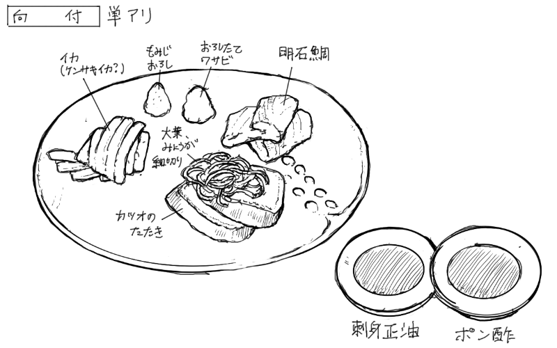 イカの刺身、明石鯛の刺身、鰹のタタキのスケッチ