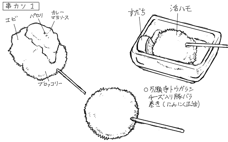 ブロッコリーとエビのカレーソース串、活鱧串、チーズ入り豚バラ肉巻き万願寺とうがらし串のスケッチ